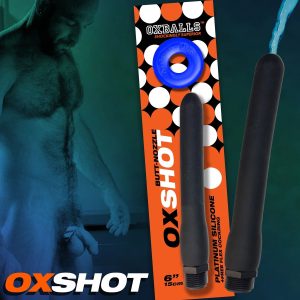 OXSHOT shower hose 6" QUICKIE and 12" EXTRA-REACH rubbery platinum silicone nozzles, includes ATOMIC cockring (get a boner &clean out!)
